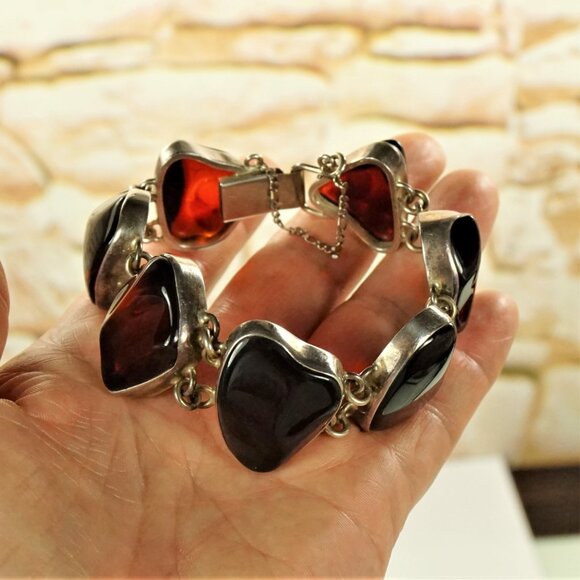 Rare To Find Cherry Amber Link BRACELET in 925 Silver, Heavy Jewelry, OOAK Gift - Picture 10 of 16